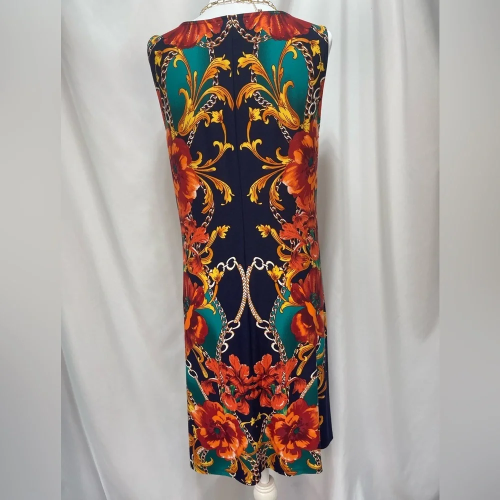 MSK Navy orange red Teal chain and floral print sleeveless dress women’s size M - Picture 9 of 16